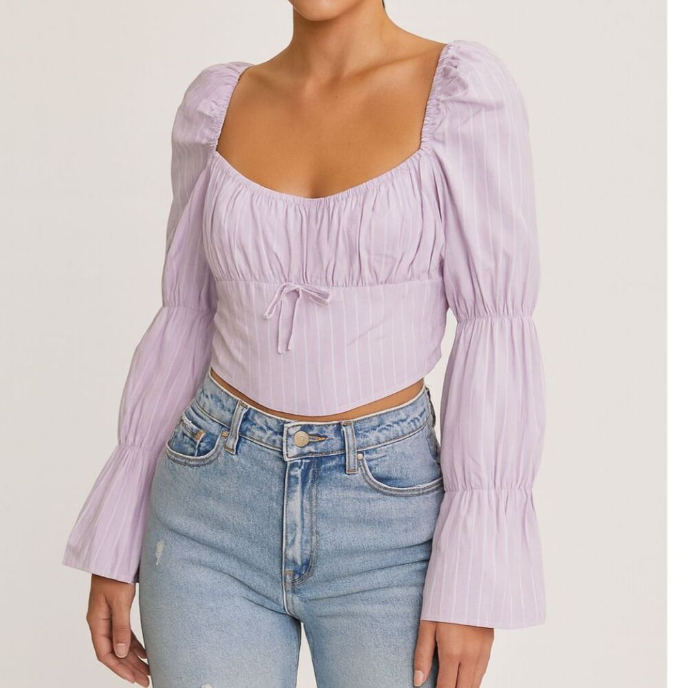 Freshman Striped Puff Sleeve Crop Top Lavender Size Small